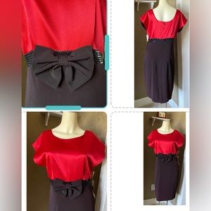 Carole Little Vintage Red Black Knee Length Dress Cap Sleeve Bow Sparkle Size 12